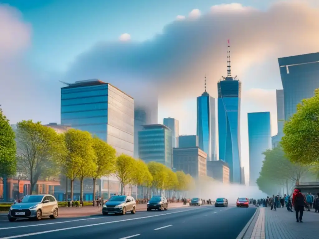 Vista de la ciudad moderna con diversidad arquitectónica y personas de distintas etnias en calles bulliciosas