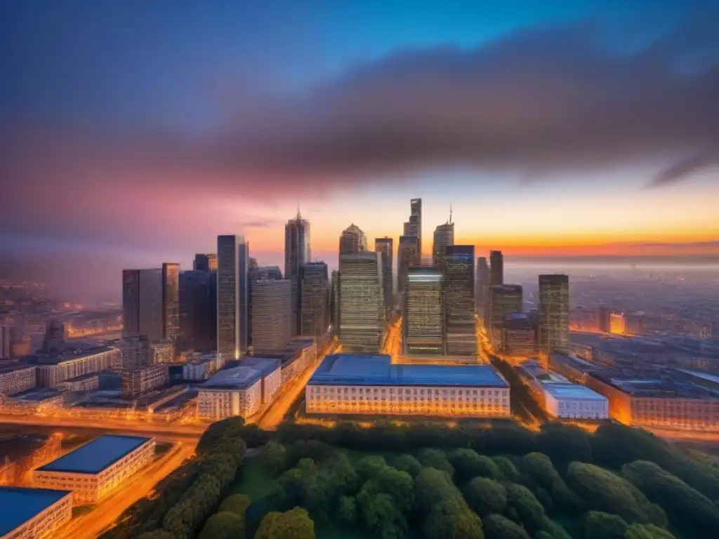 Horizonte urbano dinámico para inversores inmobiliarios Vista de la ciudad moderna al anochecer, edificios altos iluminados con luces coloridas, reflejo de la dinámica legal para inversores inmobiliarios