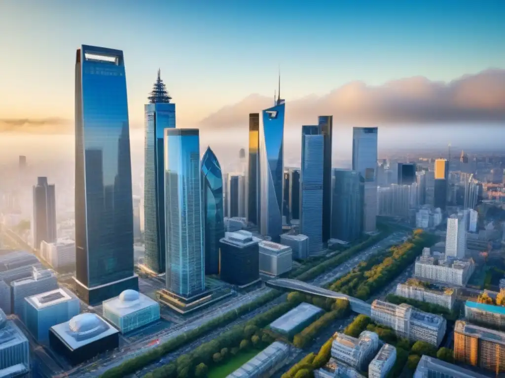 Escena urbana postcrisis: reactivación inmobiliaria en 8k Vista de ciudad moderna con rascacielos, profesionales negociando y cielo azul