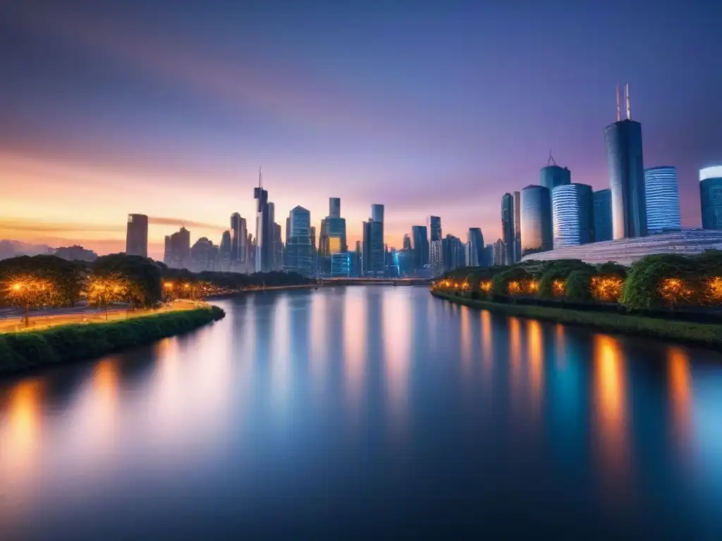 Horizonte urbano moderno al anochecer: estabilidad y crecimiento financiero Vista de la ciudad moderna al anochecer, con rascacielos iluminados reflejándose en un río tranquilo, simbolizando estabilidad y crecimiento en el mercado financiero, ideal para hipotecas basadas en ingresos futuros