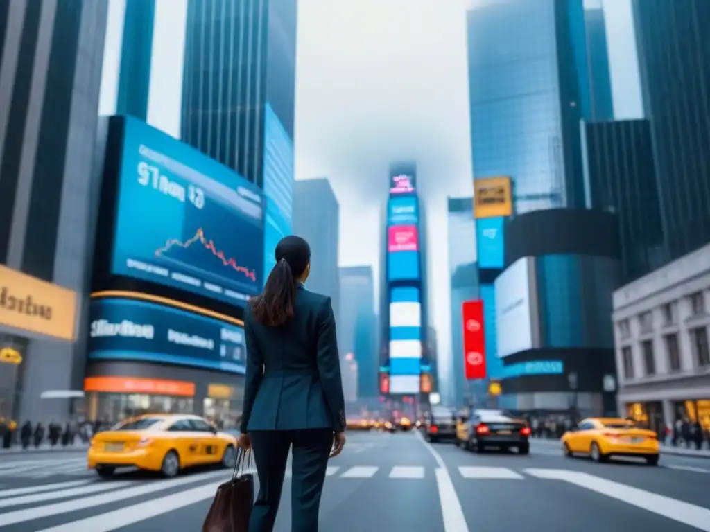 Metrópolis financiera: luces, tráfico y negocios en auge Vista de la ciudad moderna con rascacielos y zona financiera, reflejando profesionalismo y dinamismo