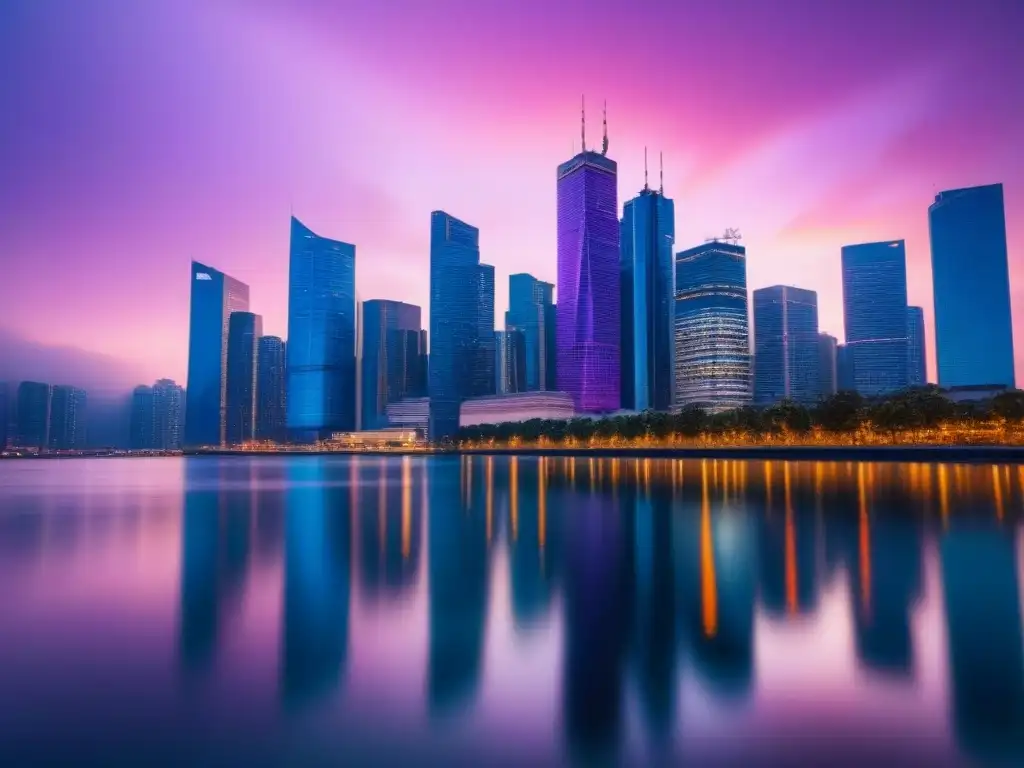 Horizonte urbano al atardecer: reflejos de prosperidad en río sereno Vista de ciudad moderna al anochecer, con rascacielos iluminados y reflejados en un río tranquilo, en tonos rosa, púrpura y naranja