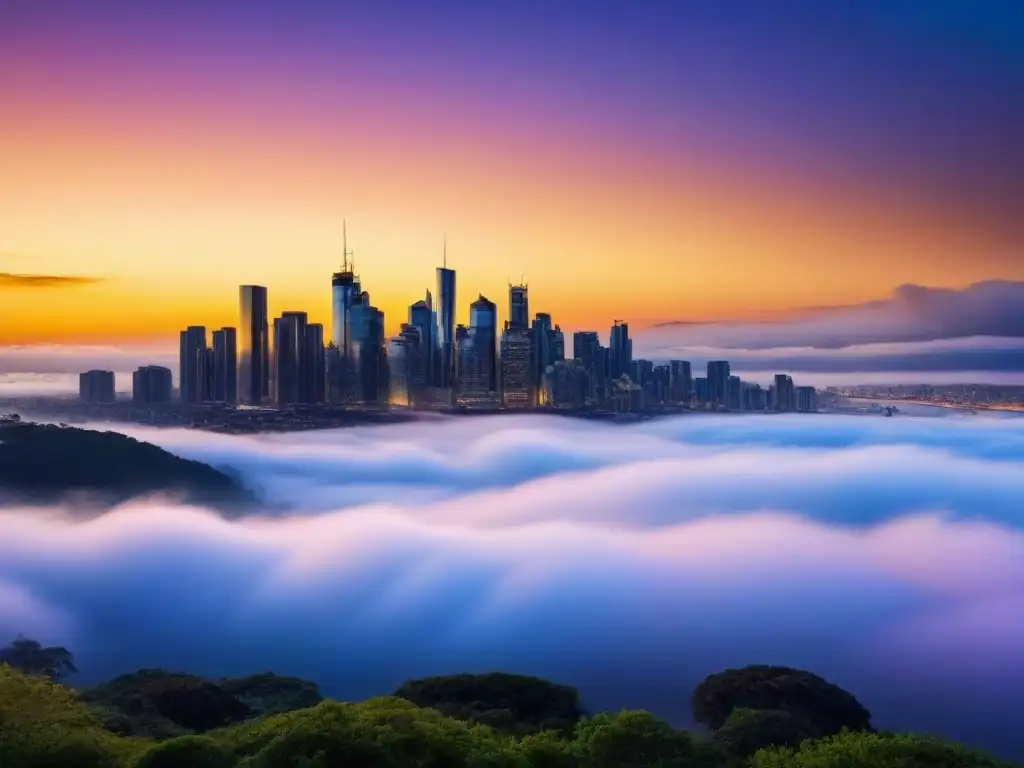 Oportunidades de inversión en bienes raíces: ciudad moderna al atardecer Vista de una ciudad moderna con rascacielos altos reflejando los tonos dorados del atardecer, simbolizando oportunidades de inversión inmobiliaria para propietarios e inversores en el mercado de alquiler