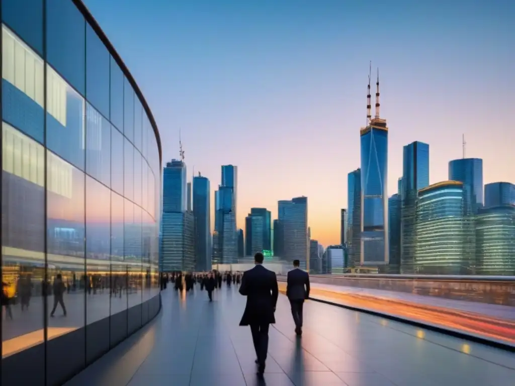 Skyline urbano moderno al atardecer con inversión inmobiliaria Vista de la ciudad moderna al anochecer con rascacielos iluminados y personas en la calle, mostrando datos de inversión inmobiliaria