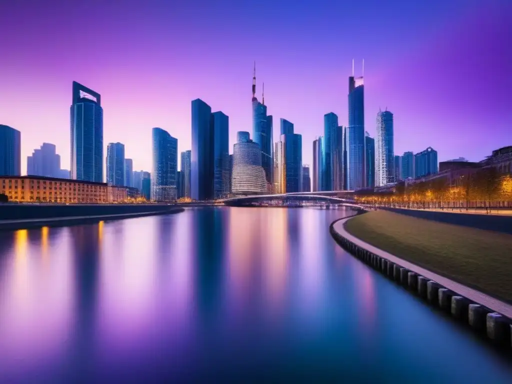 Horizonte urbano moderno al anochecer: progreso y sofisticación Vista de la ciudad moderna al anochecer, con rascacielos iluminados reflejando en un río