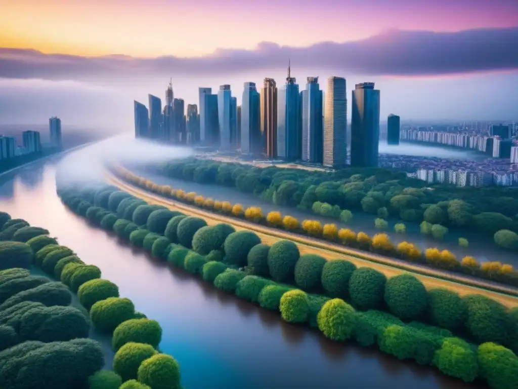 Horizonte urbano dorado: Inversión inmobiliaria en una ciudad vibrante Vista de una ciudad moderna con rascacielos reflejando tonos dorados del atardecer, rodeada de parques verdes y un río