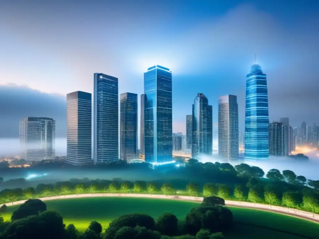 Vibrante ciudad moderna: colaboración en el mercado inmobiliario Vista de una ciudad próspera con rascacielos modernos y profesionales colaborando, reflejando el boom inmobiliario regional