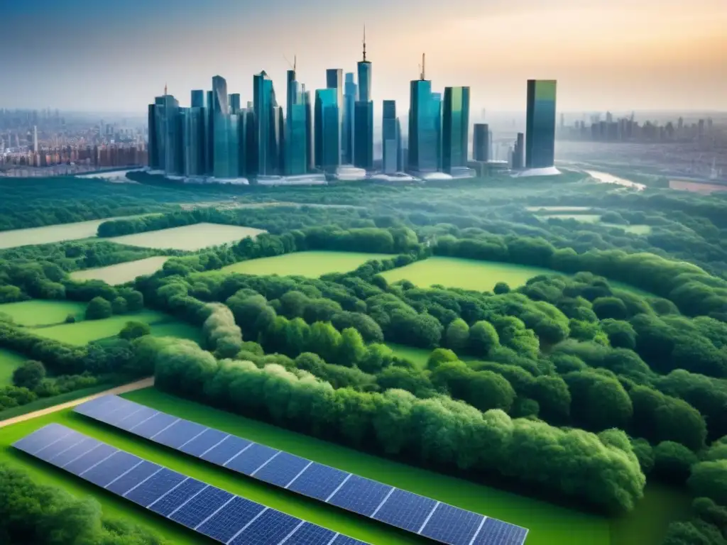 Metrópolis sostenible: desarrollo inmobiliario innovador Vista de ciudad sostenible con arquitectura moderna y energías renovables