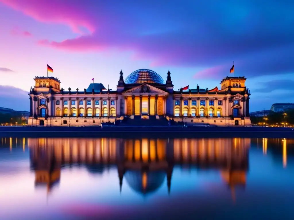 Reichstag en Berlín: atardecer vibrante en 8k Vista detallada en 8k del Reichstag en Berlín al atardecer, con su icónica cúpula de vidrio