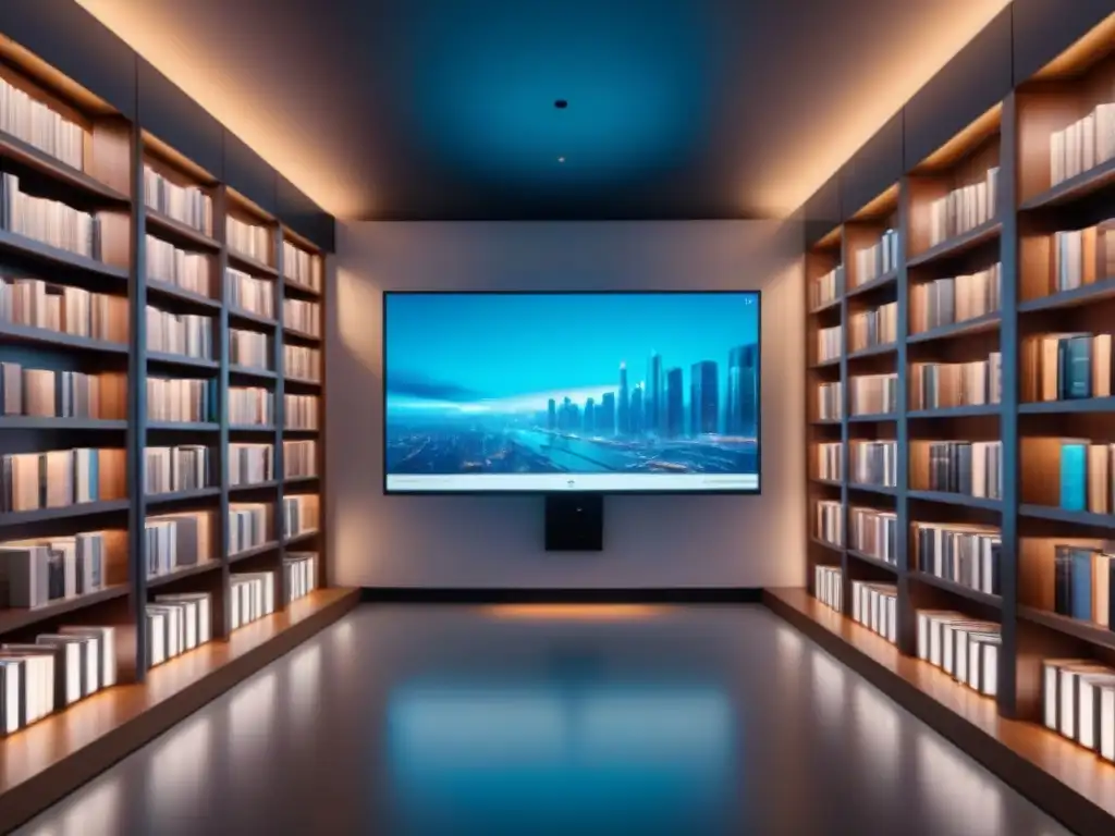 Biblioteca digital futurista con libros de finanzas inmobiliarias en hologramas 3D Vista detallada de una biblioteca digital moderna con libros de Guía financiamiento inmobiliario ebooks en pantallas holográficas futuristas