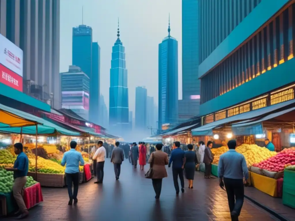 Mercado emergente: colores vibrantes y rascacielos Vista detallada de una bulliciosa ciudad en un mercado emergente, fusionando rascacielos y puestos tradicionales