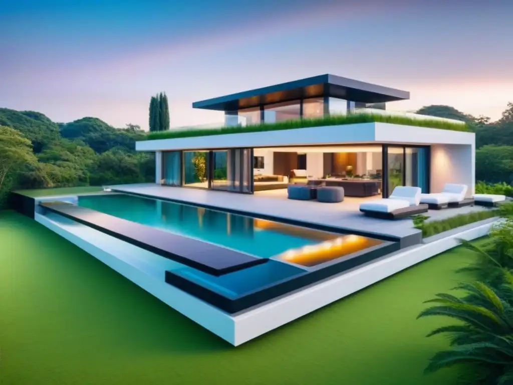 Casa futurista: innovación y sostenibilidad en la arquitectura Vista detallada de casa futurista con diseño moderno y sostenible, rodeada de naturaleza exuberante y piscina lujosa