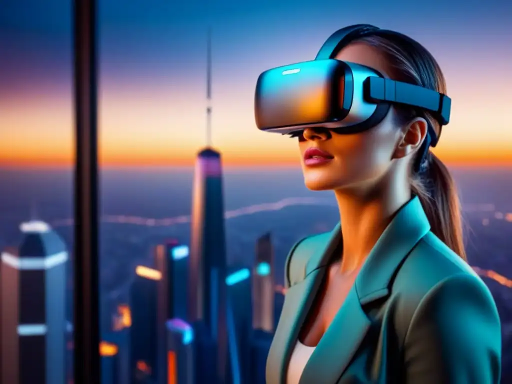 Realidad virtual revoluciona finanzas inmobiliarias Vista detallada de casco de Realidad Virtual en finanzas inmobiliarias sobre maqueta 3D de edificio de lujo