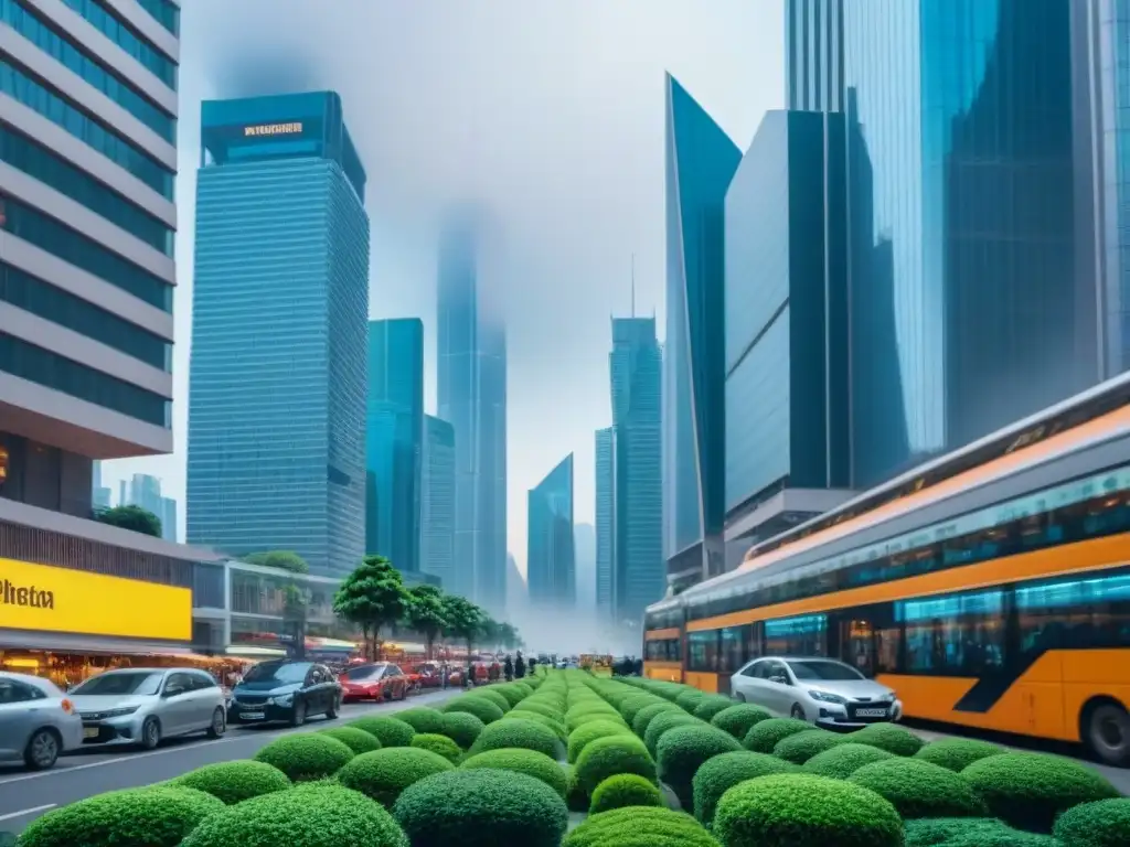 Skyline de Asia: vibrante desarrollo inmobiliario en 8k Vista detallada 8k de una ciudad asiática con rascacielos modernos, calles bulliciosas y vegetación exuberante