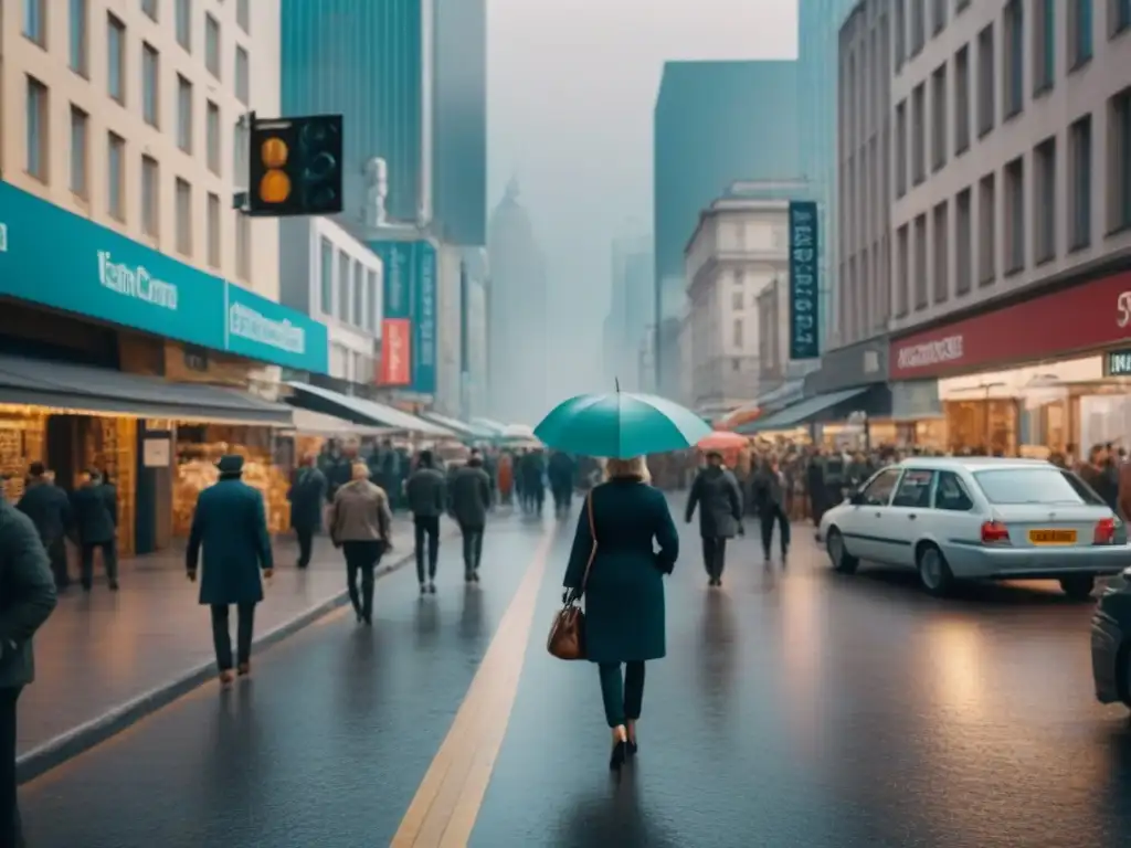 Cityscape urbano vibrante: arquitectura, movimiento y diversidad Vista detallada de ciudad bulliciosa con rascacielos modernos