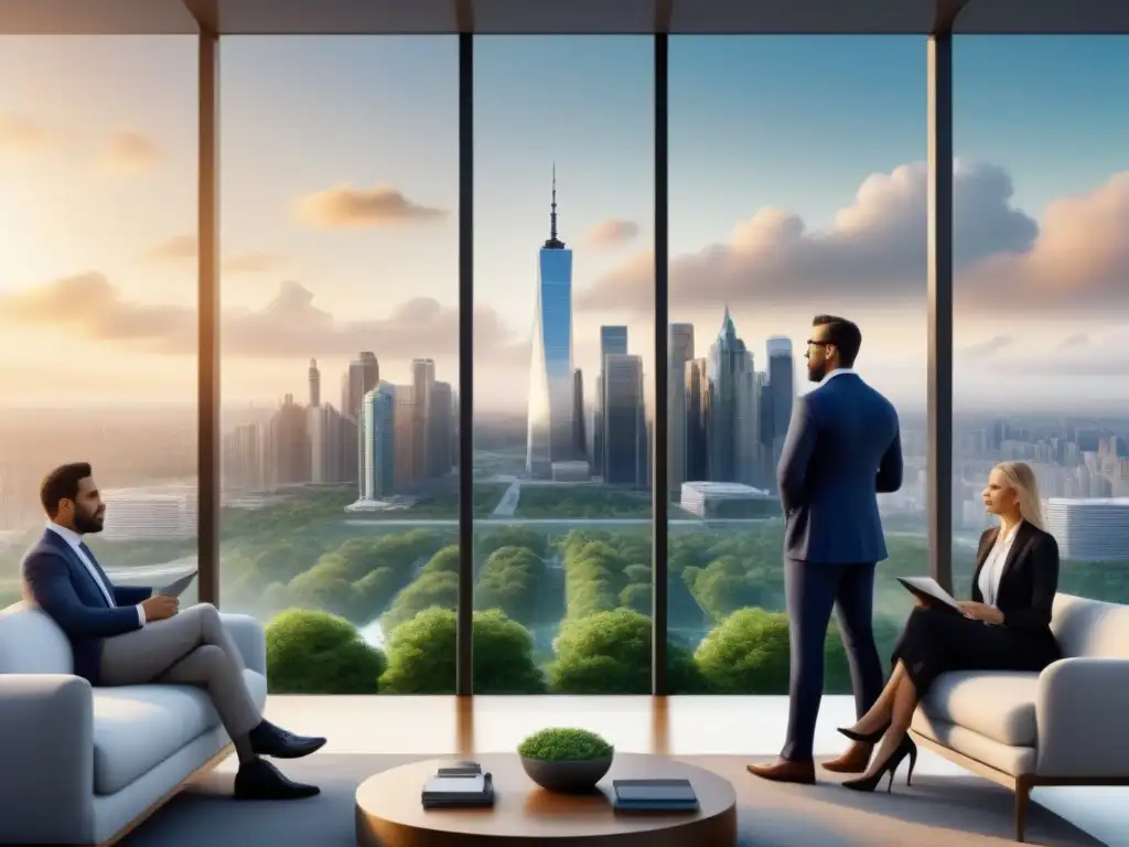 Skyline urbano: profesionales analizando mercados inmobiliarios globales Vista detallada de una ciudad bulliciosa con rascacielos, parques verdes y profesionales analizando gráficos sobre mercados inmobiliarios internacionales y políticas gubernamentales