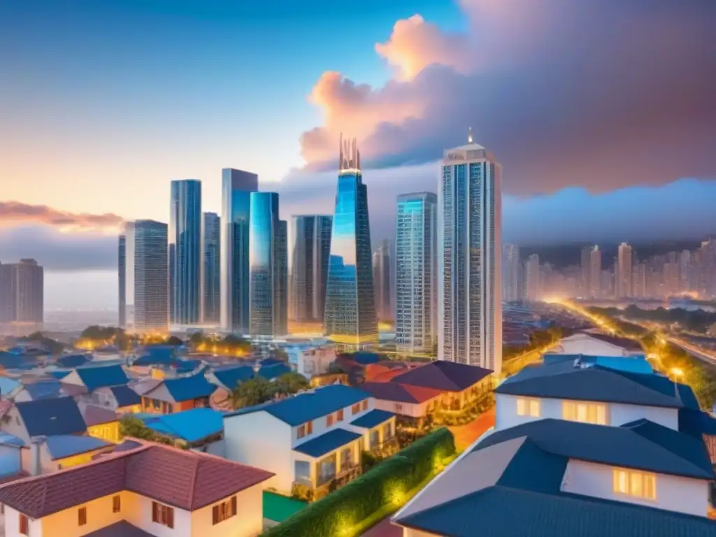 Skyline diverso en 8k: Oportunidades en préstamos inmobiliarios Vista detallada de una ciudad diversa con edificios modernos, simbolizando la Diversificación en préstamos inmobiliarios