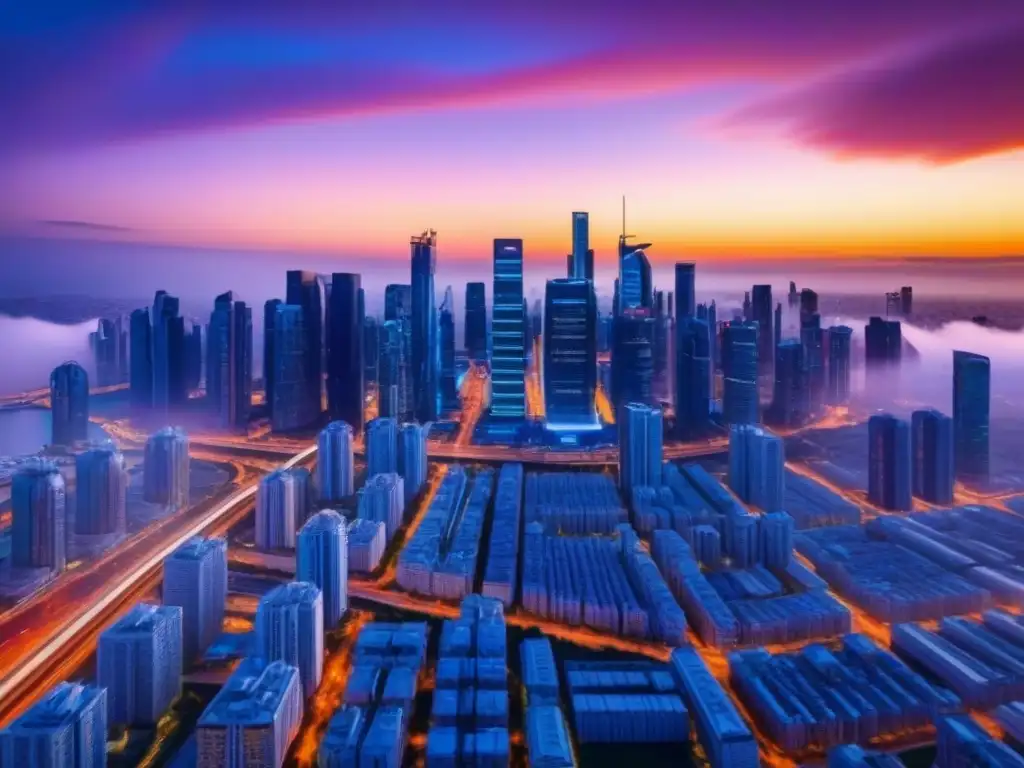 Vista detallada de una ciudad futurista con inteligencia artificial, al atardecer
