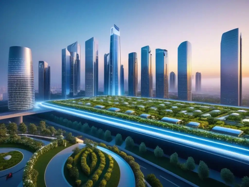 Cityscape futurista: Sostenibilidad y desarrollo urbano innovador Vista detallada de una ciudad futurista al atardecer, con rascacielos, jardines en azoteas y sistemas de energía renovable integrados