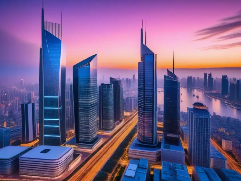 Metrópolis futurista al atardecer: innovación inmobiliaria Vista detallada de una ciudad futurista al anochecer, reflejando innovación y progreso en cumplimiento regulatorio en financiamiento inmobiliario