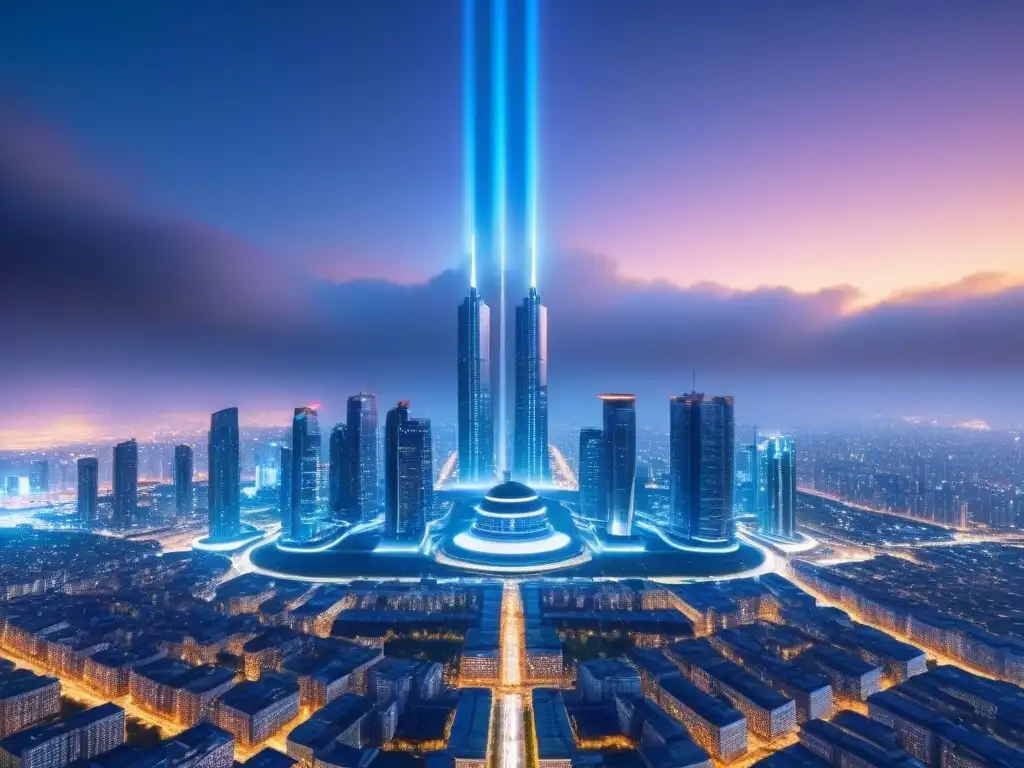 Metrópolis del Futuro: Integración de Blockchain en la Arquitectura Urbana Vista detallada de una ciudad futurista con rascacielos brillantes, integrando Blockchain en financiamiento inmobiliario