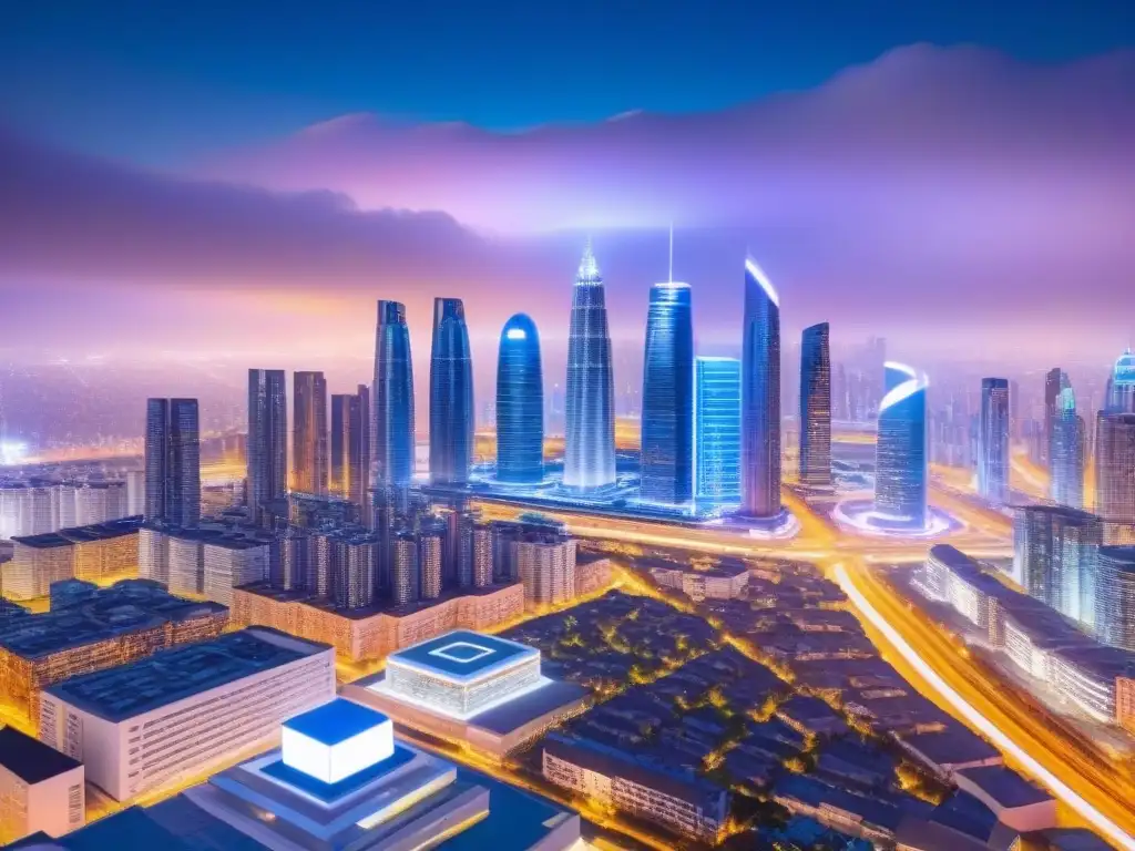Vista detallada de una ciudad futurista con rascacielos modernos y tecnología AI