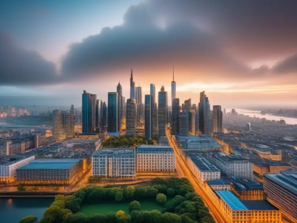 Skyline urbano diverso: impacto intergeneracional en el mercado inmobiliario Vista detallada de una ciudad moderna con diversos estilos arquitectónicos, reflejando las diferencias en la búsqueda de vivienda entre generaciones