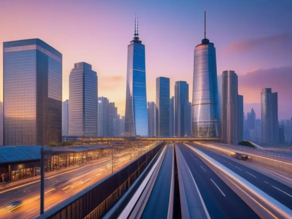 Horizonte urbano al atardecer: modernidad y prosperidad económica Vista detallada de una ciudad moderna al atardecer, con rascacielos de cristal reflejando el sol