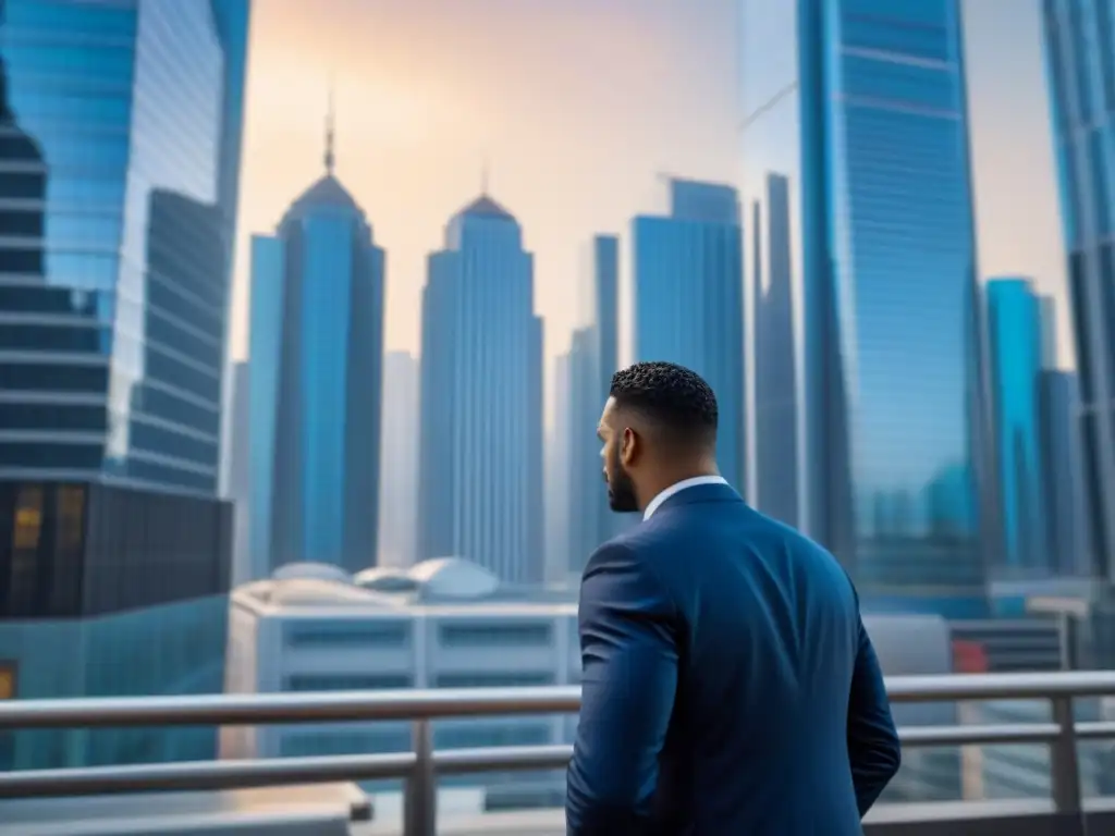 Oficina de seguros futurista en ciudad moderna | Profesionalismo urbano Vista detallada de ciudad moderna con rascacielos y oficina de seguros futurista, ideal para promoción de seguros propiedad