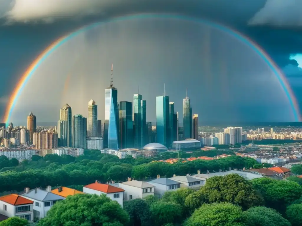 Skyline moderno con arcoíris: seguros de propiedades tras tormenta Vista detallada de una ciudad moderna con arcoíris post tormenta, edificios con etiquetas de 'Seguros desastres naturales inversión inmobiliaria'