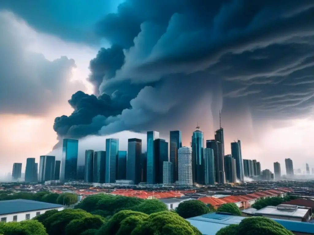 Contraste urbano: cielo azul y tormenta en ciudad moderna Vista detallada de una ciudad moderna con edificios diversos, bajo cielo azul y nubes de tormenta