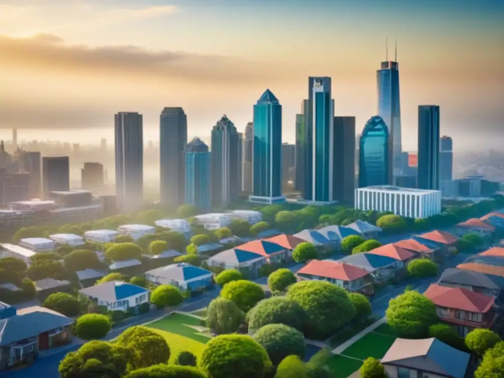 Metropolis fusionada: mercado inmobiliario FHA Vista detallada de una ciudad moderna con rascacielos y arquitectura tradicional, reflejando el mercado inmobiliario influenciado por Préstamos FHA