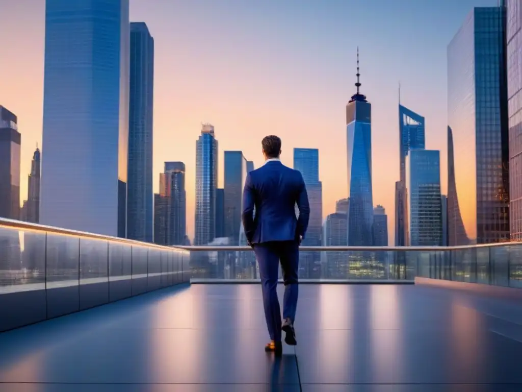 Horizonte urbano moderno al atardecer: luces y prosperidad Vista detallada de una ciudad moderna al anochecer, con rascacielos iluminados reflejando los últimos rayos del atardecer
