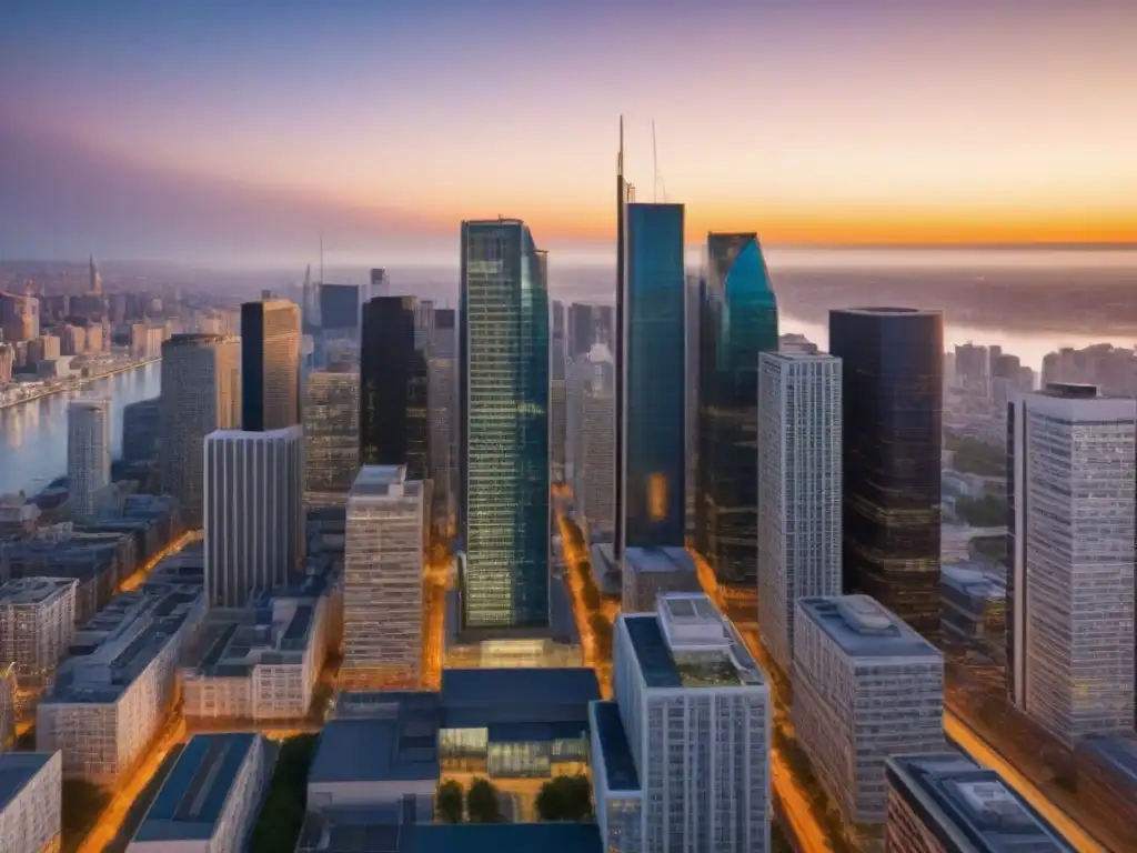 Esplendor urbano al atardecer: inversión inmobiliaria en la ciudad Vista detallada de una ciudad moderna al atardecer, mostrando edificios altos y apartamentos contemporáneos