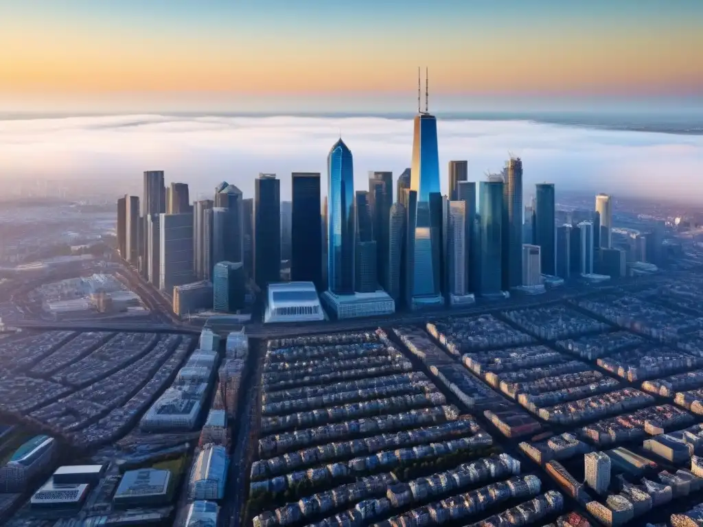 Skyline urbano moderno: mezcla residencial y comercial bajo cielo azul Vista detallada de una ciudad moderna con propiedades residenciales y comerciales bajo un cielo azul