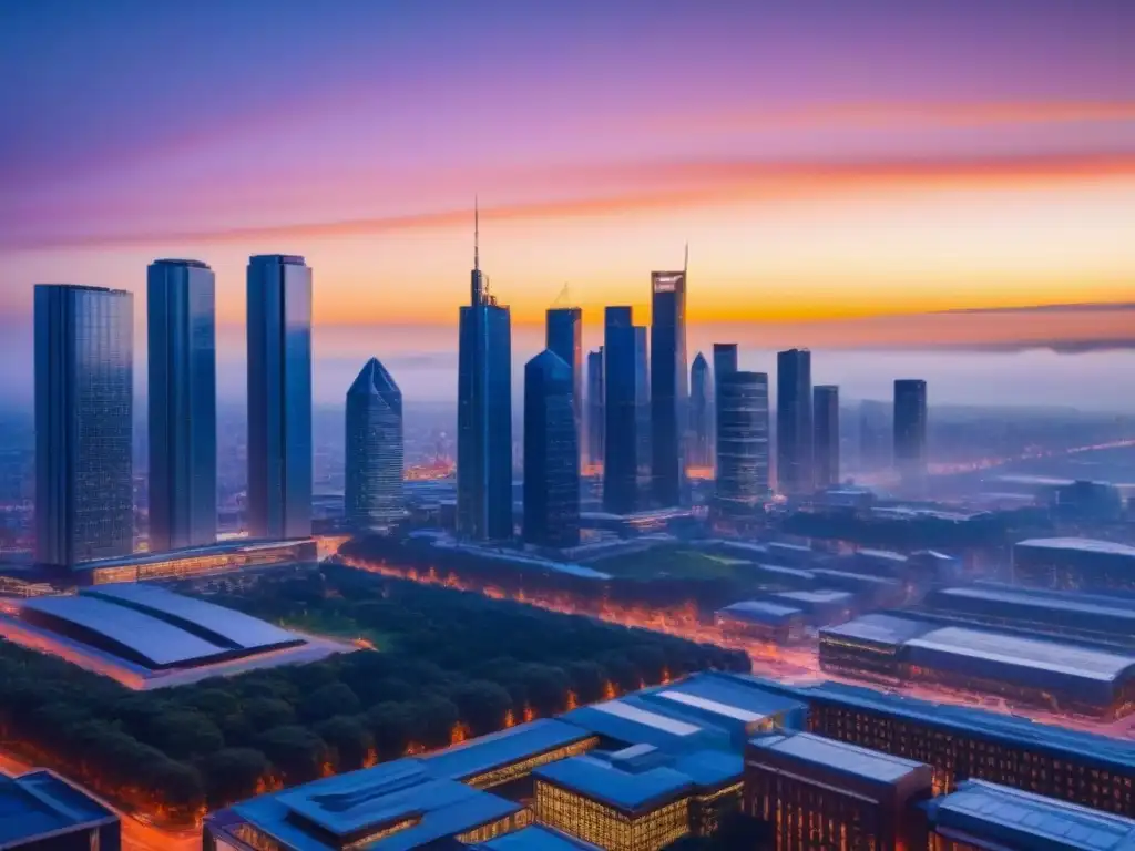 Horizonte urbano al atardecer: modernidad y dinamismo en la ciudad Vista detallada de una ciudad moderna al atardecer con rascacielos reflejando tonos cálidos, profesionales caminando y edificios educativos