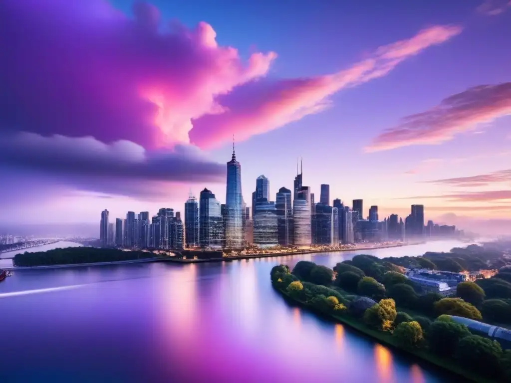 Horizonte urbano contemporáneo al anochecer: luces y modernidad Vista detallada de una ciudad moderna al atardecer con rascacielos brillantes y luces, reflejados en un río, cielo rosado y morado