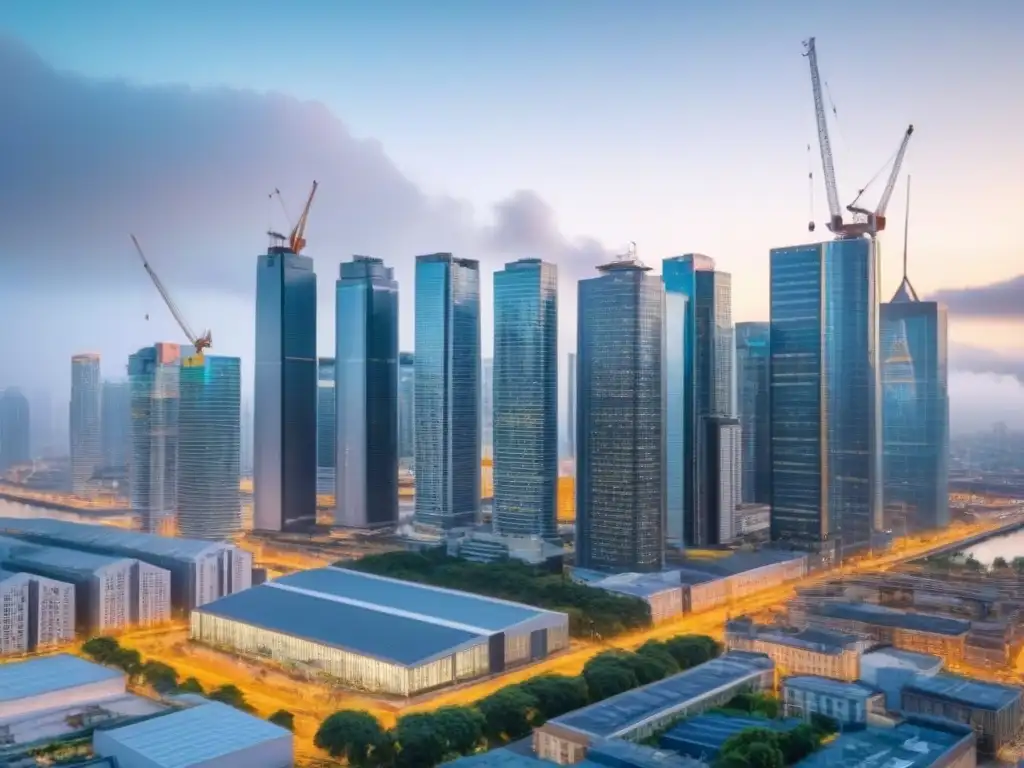 Vista 8k impresionante de una ciudad moderna en auge inmobiliario Vista detallada de la ciudad con rascacielos y grúas, muestra impacto de política monetaria en propiedades