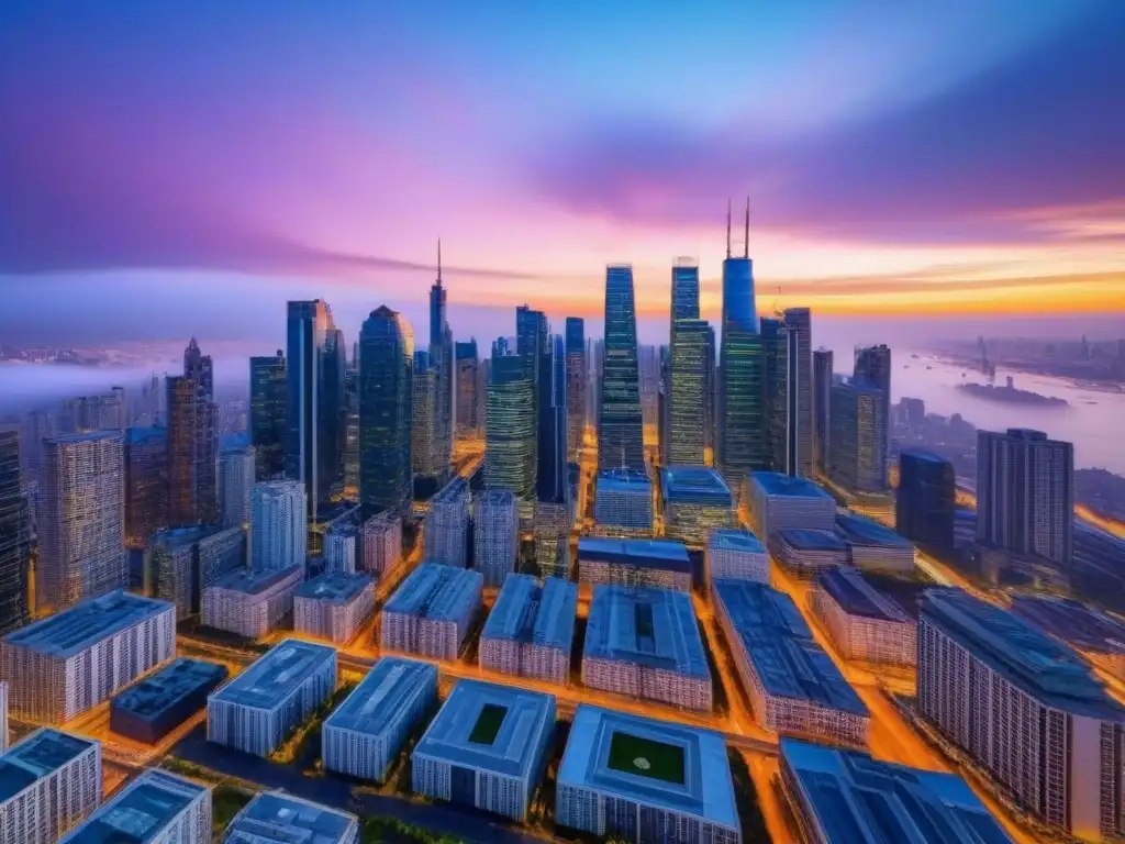 Horizonte urbano moderno al atardecer: real estate en la ciudad Vista detallada de la ciudad al anochecer, con rascacielos iluminados por la puesta de sol