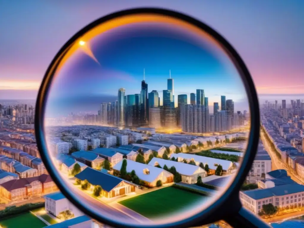 Explorando Impuestos Inmobiliarios en la Ciudad Vista detallada de la ciudad con rascacielos y propiedades, resaltando la importancia de los impuestos en la economía