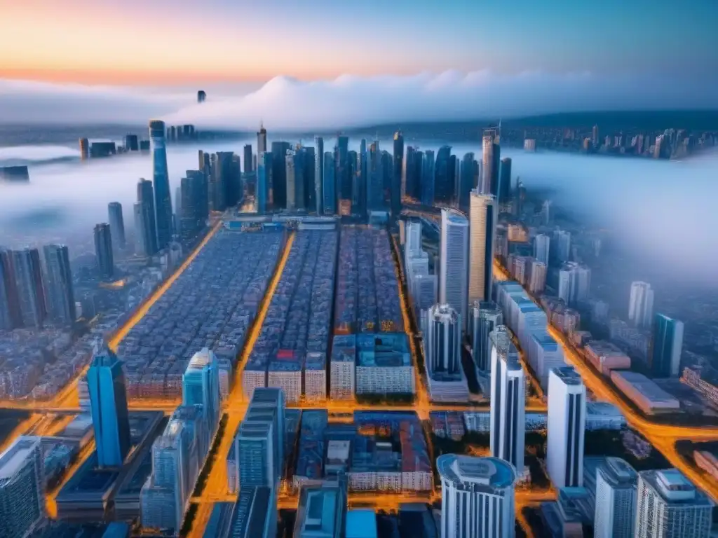 Skyline urbano emergente: mercado inmobiliario dinámico Vista detallada de un dinámico skyline urbano en economías emergentes, simbolizando crecimiento y oportunidad en el mercado inmobiliario