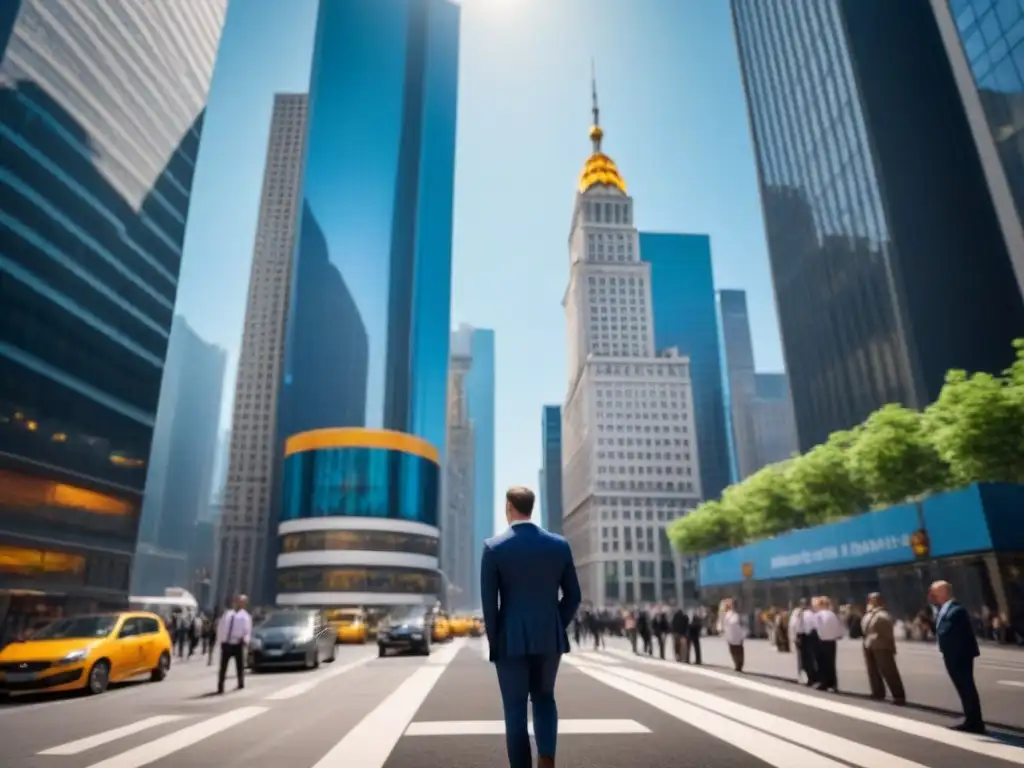 Metrópolis financiera: rascacielos y negocios en acción Vista detallada de un distrito financiero bullicioso con rascacielos, profesionales y documentos, mostrando la vida urbana y la arquitectura moderna
