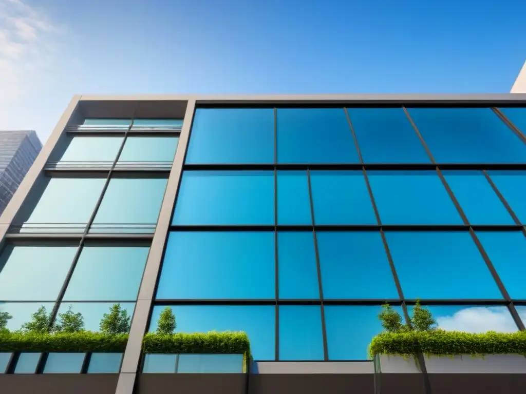 Edificio comercial moderno y elegante en la ciudad Vista detallada de un edificio comercial moderno con ventajas leasing inmobiliario comercial, rodeado de vegetación y ambiente urbano