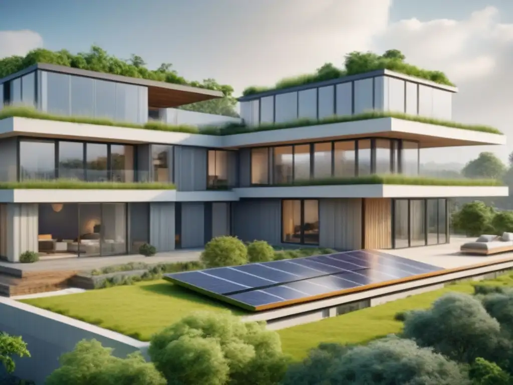 Arquitectura sostenible: diseño moderno y ecoamigable en 8k Vista detallada de edificio sostenible con tecnologías verdes, ideal para financiamiento para construcción sostenible
