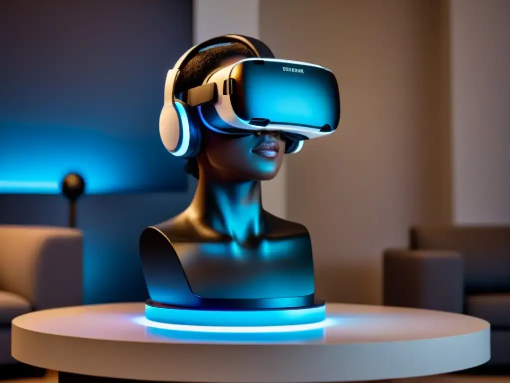 Vanguardia en Realidad Virtual: Headset 8k en showroom futurista Una vista detallada en 8k de un elegante auricular de realidad virtual en un pedestal blanco bajo una suave iluminación ambiental