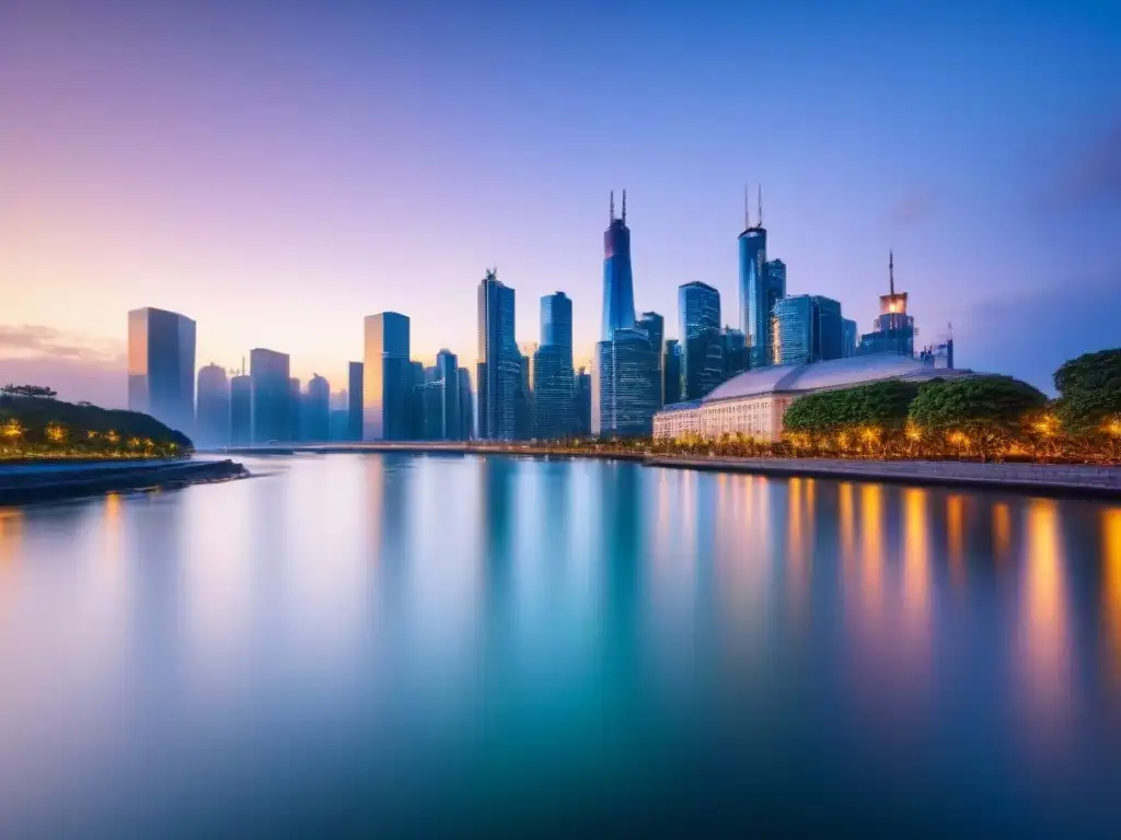 Horizonte urbano nocturno: seguridad y real estate insurance Vista detallada de una moderna ciudad al anochecer, con rascacielos iluminados reflejándose en un río sereno
