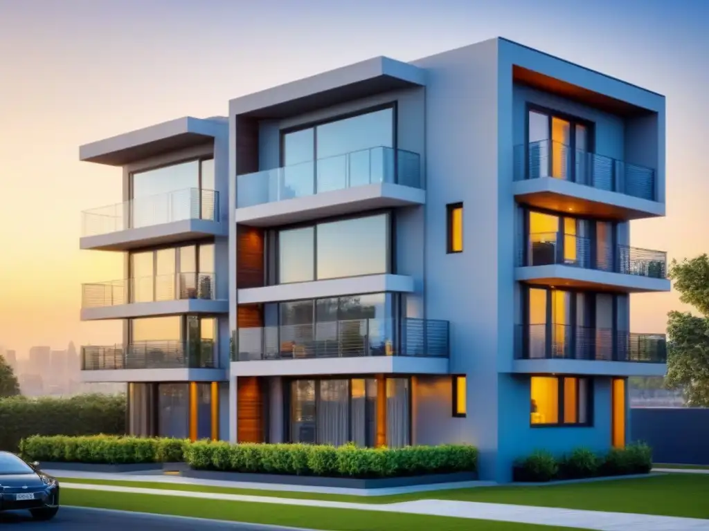 Planos arquitectónicos de edificio contemporáneo con terraza en la azotea Vista detallada de un moderno diseño de edificio de apartamentos con líneas limpias y terraza en la azotea
