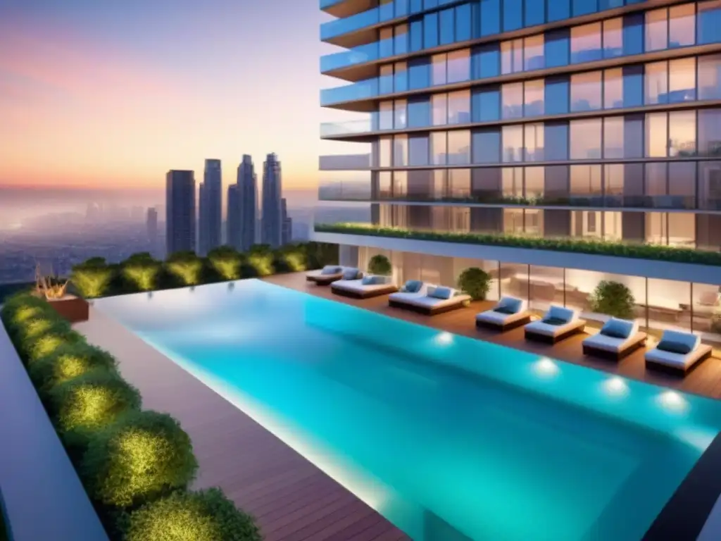Arquitectura moderna de lujo en ciudad vibrante | Imagen 8k detallada Vista detallada de un moderno edificio residencial con ventanales de piso a techo y un diseño lujoso, rodeado de la vibrante ciudad