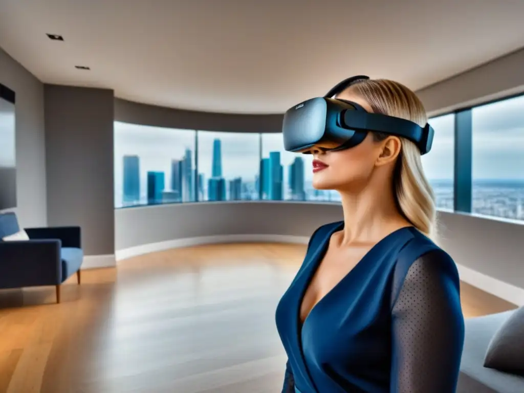 Realidad Virtual AI: Valoración Inmobiliaria de Lujo Una vista detallada de un moderno visor de realidad virtual, con inteligencia artificial, mostrando una tasación inmobiliaria avanzada
