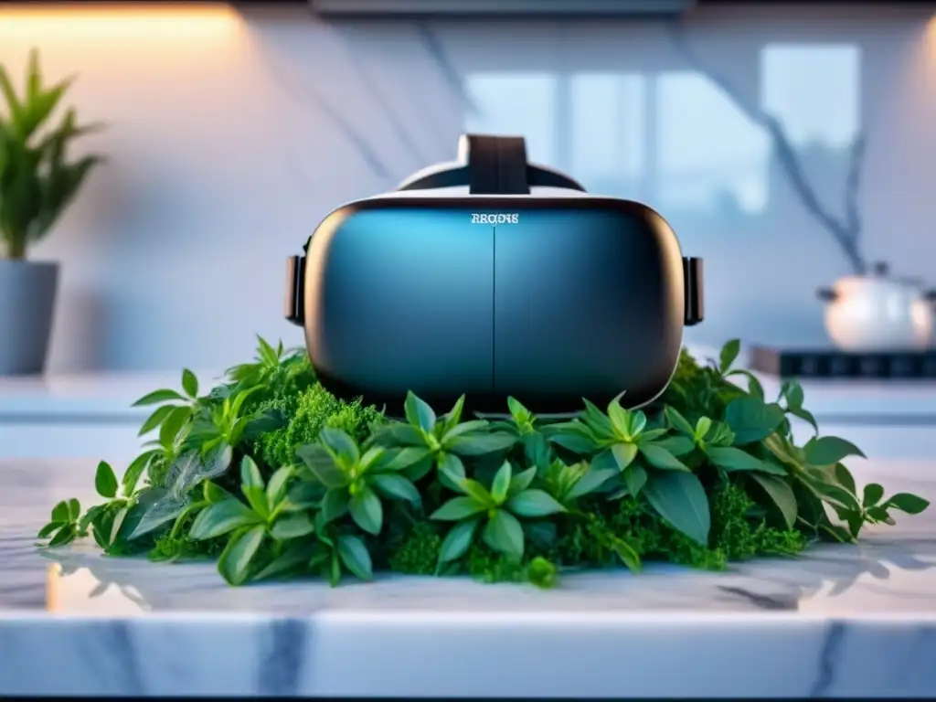 Headset de realidad virtual de alta tecnología en mármol Vista detallada de un moderno visor de realidad virtual en un elegante mostrador de mármol, rodeado de plantas verdes vibrantes